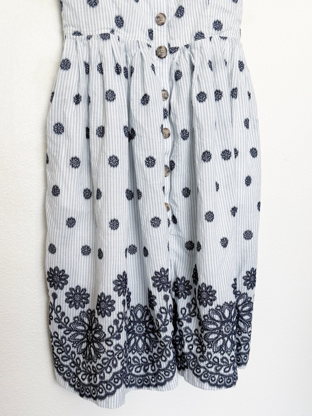 Maeve Savoy Buttondown Dress Blue Stripe Embroidered Midi Anthropologie - Picture 9 of 14